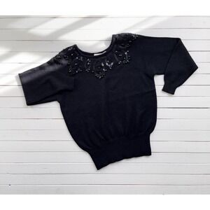 black‎ fuzzy sweater 80s 90s vintage Liz Claiborne beaded sweater